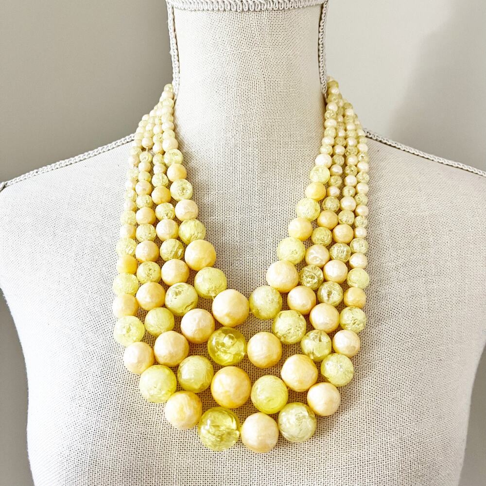 Vintage 4-Strand Yellow Crackle Bead Bib Necklace